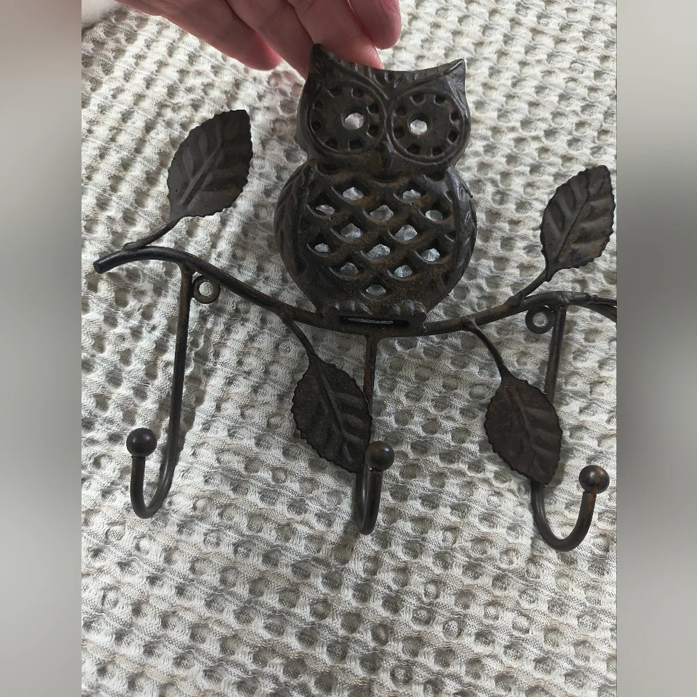 Cast Iron Owl 3 Hook Key Holder Wall Mountable Home Decor Dark Brown Boho Rustic